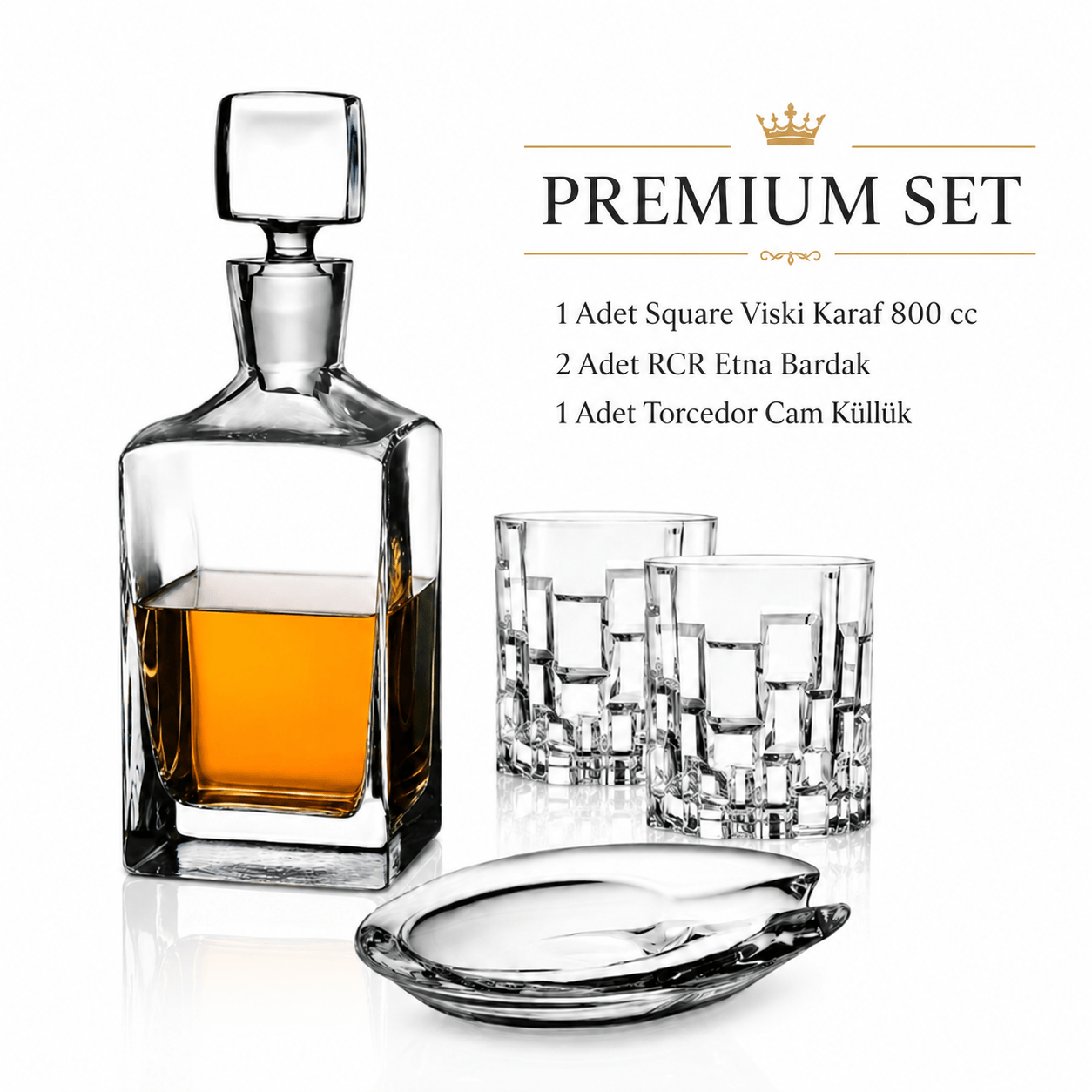 Premium Cam Viski Karaf Seti – Square 800 cc, 2 RCR Etna Bardak ve Torcedor Cam Küllük